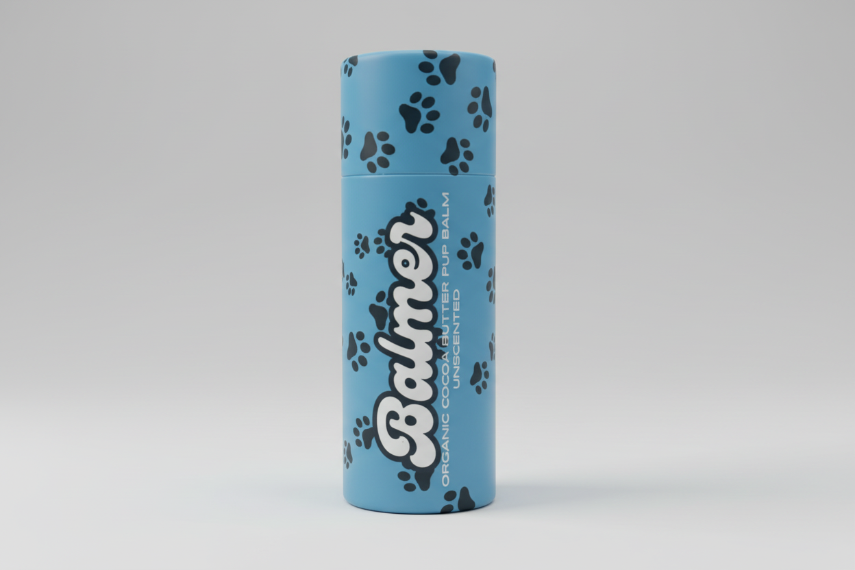 Blue cylindrical container with 'Balmer' branding on a wooden surface with a blurred outdoor background